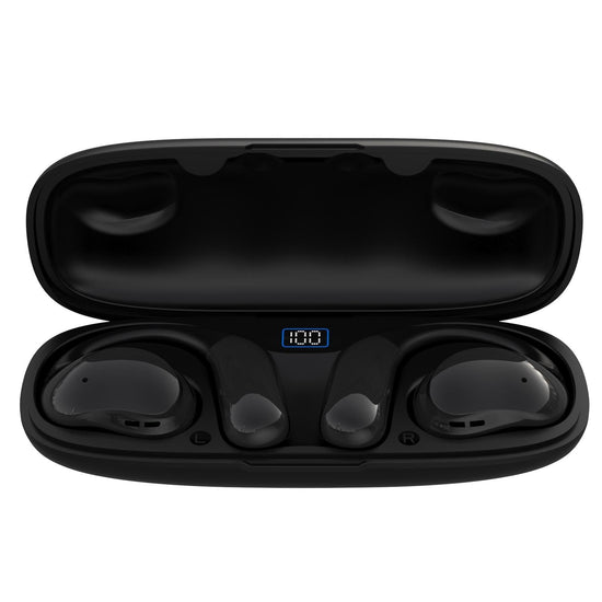 Bluetooth Earphones with Hanging Ear Design and Digital Display Charging Case - Black