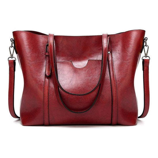Stylish All-Match Leather Handbag - Wax Finish - Wine Red