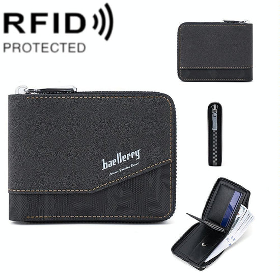 Retro Rfid Blocking Zip Wallet with Short Coin Pocket - Black