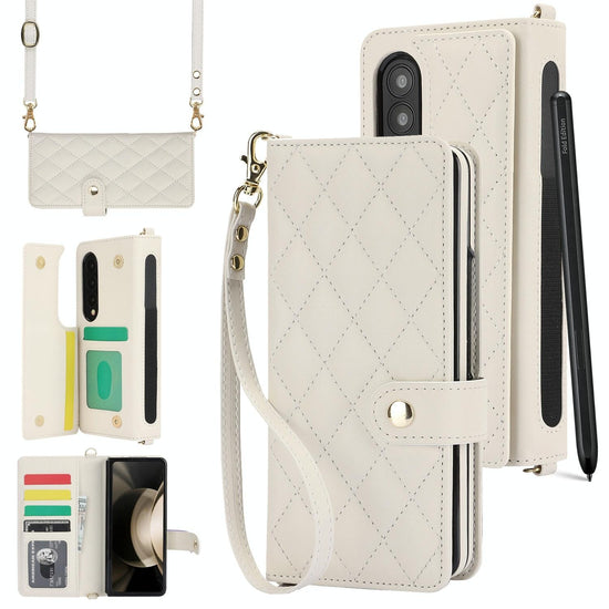 For Samsung Galaxy z Fold4 5G Multifunctional Rhombic Leather Crossbody Phone Case - White
