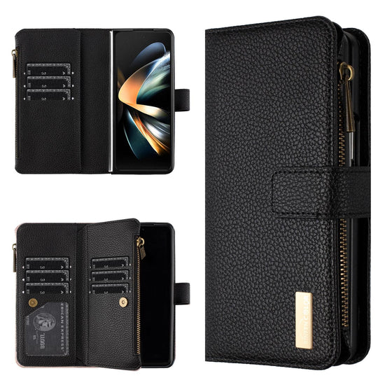 For Samsung Galaxy Z Fold4 5G Litchi Texture Zip Wallet - Black