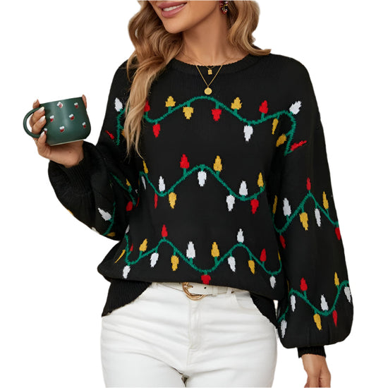 Women Christmas Sweater Sweet Loose Pullover Knit Sweater Black - L