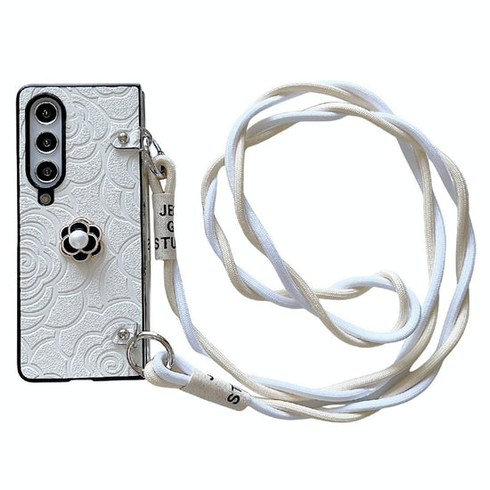 For Samsung Galaxy Z Fold4 5G Camellia Pattern Phone Case With Lanyard - White
