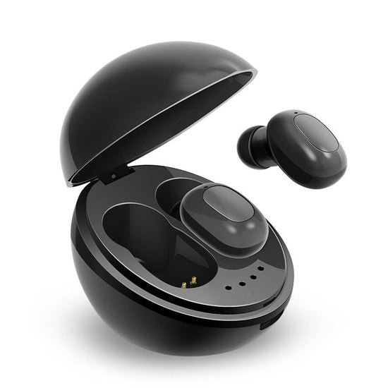 Wireless Bluetooth Earphones - Space Capsule Shape with Magnetic Charging Box & Lanyard - Black