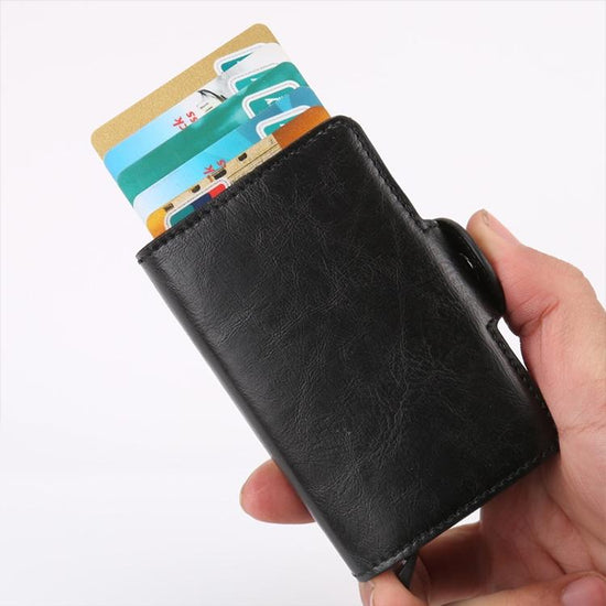 Leather Rfid Blocking Card Wallet - Multi-functional - Black
