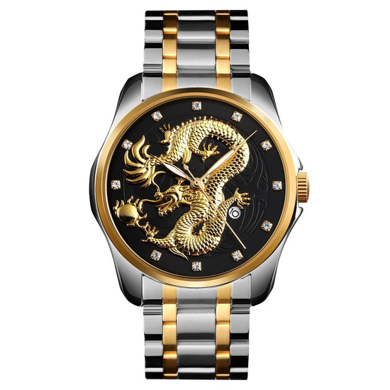 Men Golden Dragon Calendar Dial Quartz Watch with Luminous Hands - Silver Black