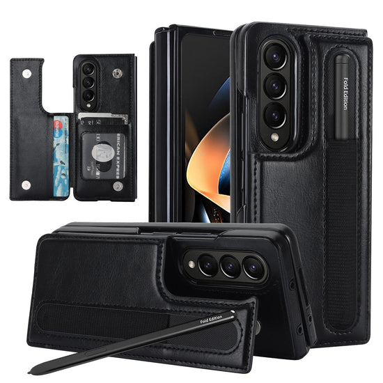 Double Buckle Foldable Phone Case with Pen Slot - Black