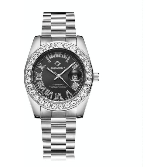 Men Quartz Watch With Diamond-Encrusted Roman Numeral Dial