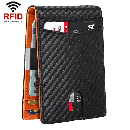 Rfid-protected Leather Credit Card Wallet - Secure & Stylish - Carbon Fiber Black Orange Inside
