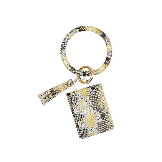 Snake Print Wrist Keychain Coin Purse Black Pu Leather Bracelet Card Case - Yellow