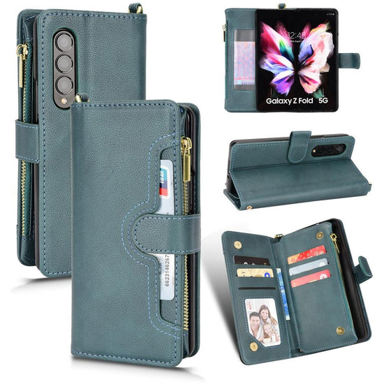 For Samsung Galaxy z Fold4 5G Zipper Leather Phone Case with Litchi Texture - Blue