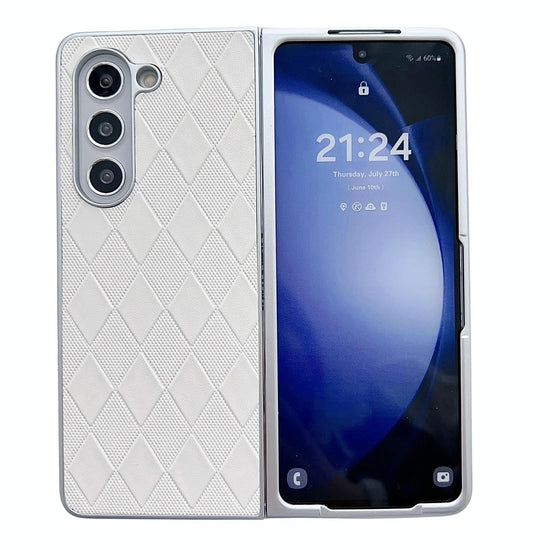 For Samsung Galaxy Z Fold4 5G Checkered Leather Phone Case With Pearlescent Finish - Silver