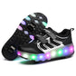 Rechargeable Double Wheel Roller Skating Shoes - Ultra Light Mesh Surface - Size 30 - Black