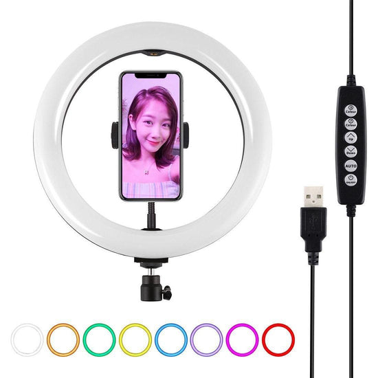 10.2 Usb Led Ring Light With 10 Modes Cold Shoe Tripod & Phone Clamp - Black