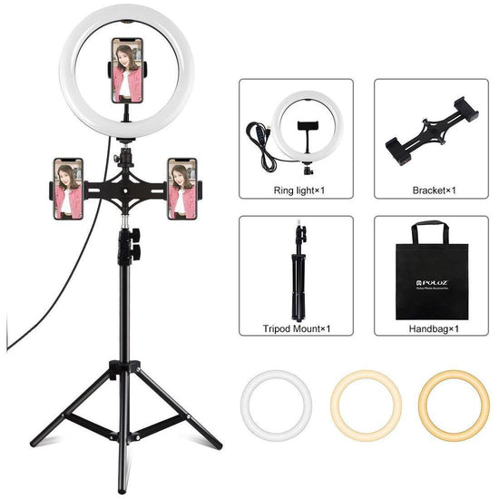 Horizontal Dual Phone Brackets With Tripod Mount & Led Ring Light Kit For Vlogging And Live Broadcasts