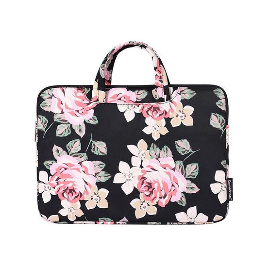 15 Inch Laptop Case Bag With White Rose Pattern And Handle - Black