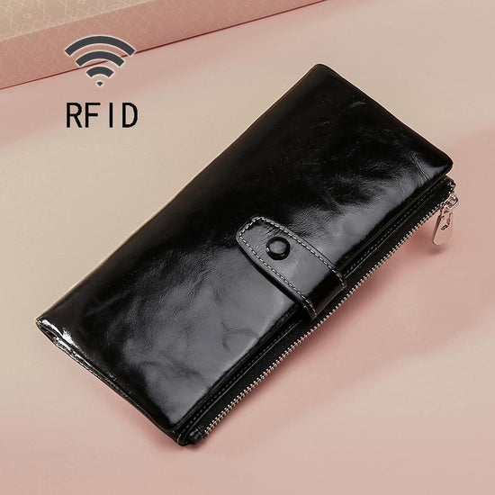 Oilskin Leather Rfid Zip Wallet - Brown - Black