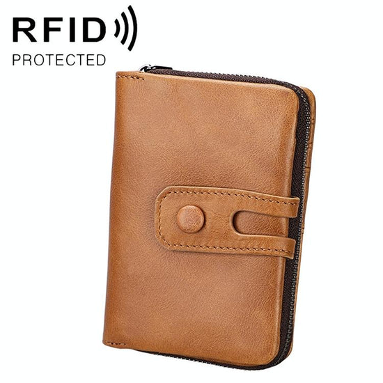 Zip Rfid Crazy Horse Leather Wallet - Brown - Yellowish-Brown