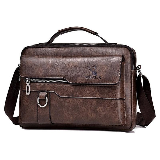 Leather Men Shoulder Bag Business Laptop Case Retro Design - Dark Brown