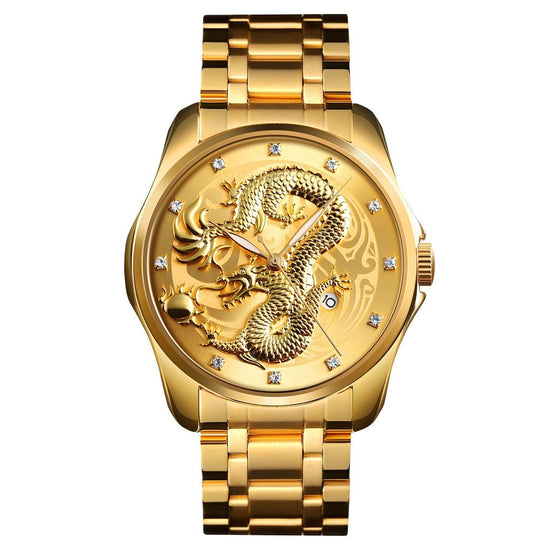 Men Golden Dragon Calendar Dial Quartz Watch with Luminous Hands - Gold