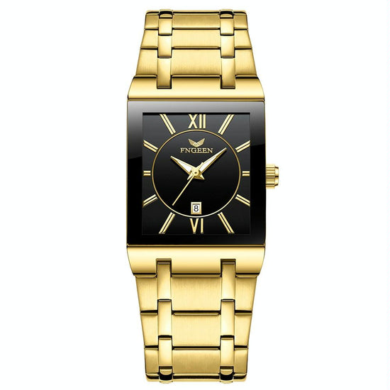 Waterproof Square Men Watch with Calendar - 50m - Black Belt Rose Shell Black Surface