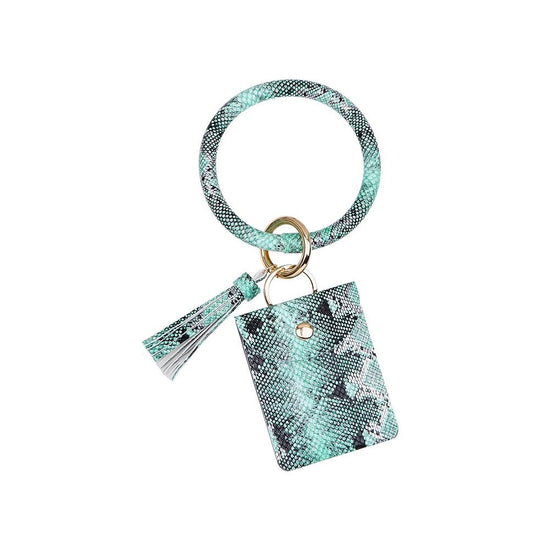 Snake Print Wrist Keychain Coin Purse Black Pu Leather Bracelet Card Case - Green