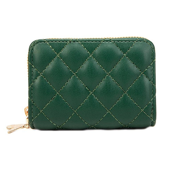 Double Layer Zipper Wallet Multi Card Slot Large Capacity Rhombus Design - Green