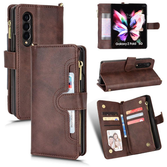 For Samsung Galaxy z Fold4 5G Zipper Leather Phone Case with Litchi Texture - Brown