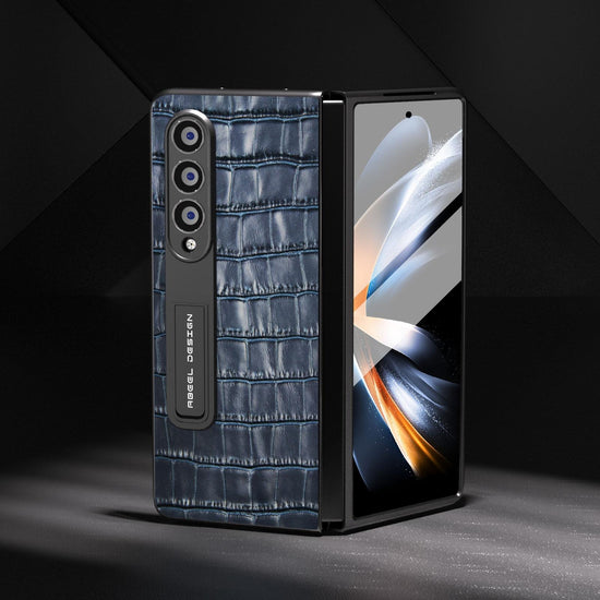 For Samsung Galaxy Z Fold4 5G Premium Leather Phone Case - Crocodile Texture - Blue