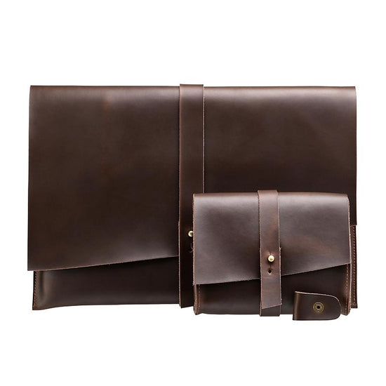 15.4 Laptop / Tablet Bag - Genuine Leather - Universal - Cable Winder - Business Power Adapter - Macbook / Samsung / Sony / Dell / Alienware / Chuwi / Asus / Hp - Coffee