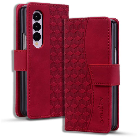 For Samsung Galaxy Z Fold4 5G Leather Phone Case With Diamond Buckle And Lanyard - Wine Red