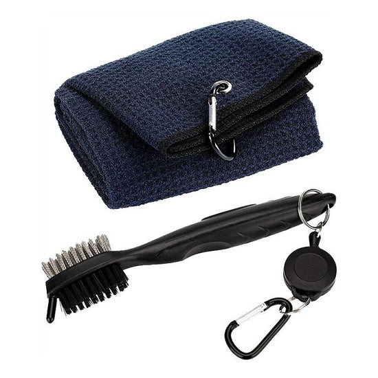 Club Cleaning Brush & Hook Towel Golf Set - Compact & Convenient - Black
