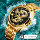 Men Golden Dragon Calendar Dial Quartz Watch with Luminous Hands - Gold Blue