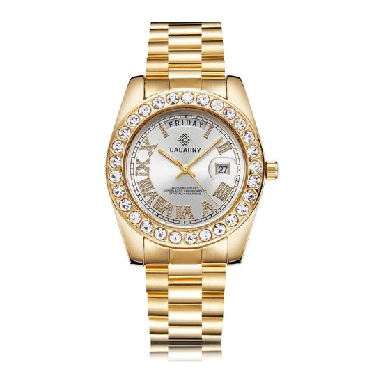 Men Quartz Watch With Diamond-Encrusted Roman Numeral Dial