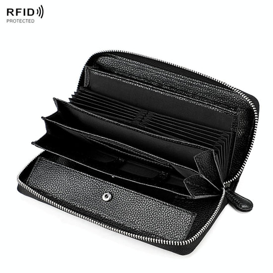 Stylish Rfid Clutch with Zipper - Lychee Texture - Black