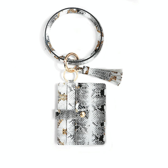 Pu Leather Wrist Ring Key Chain Coin Purse Black - White Snake