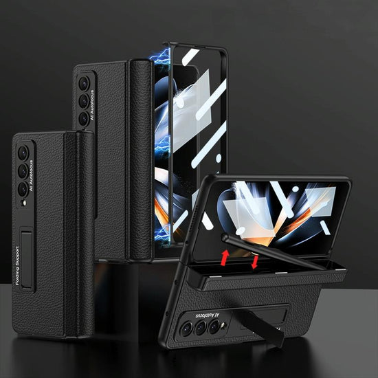 Leather Phone Case with Foldable Hinge and Holder - Carbon Fibre Black