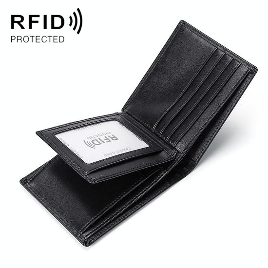 Leather Rfid Blocking Tri-fold Wallet - Black