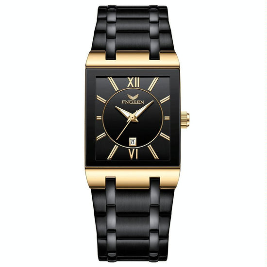 Waterproof Square Men Watch with Calendar - 50m - Black Belt Gold Shell Black Surface