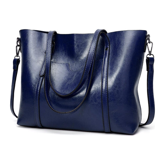 Stylish All-Match Leather Handbag - Wax Finish - Navy Blue