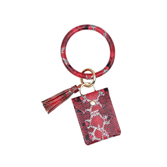 Snake Print Wrist Keychain Coin Purse Black Pu Leather Bracelet Card Case - Red