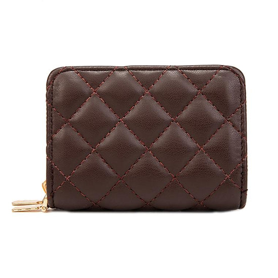 Double Layer Zipper Wallet Multi Card Slot Large Capacity Rhombus Design - Coffee