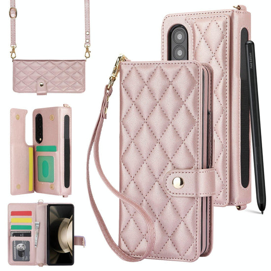 For Samsung Galaxy z Fold4 5G Multifunctional Rhombic Leather Crossbody Phone Case - Rose Gold