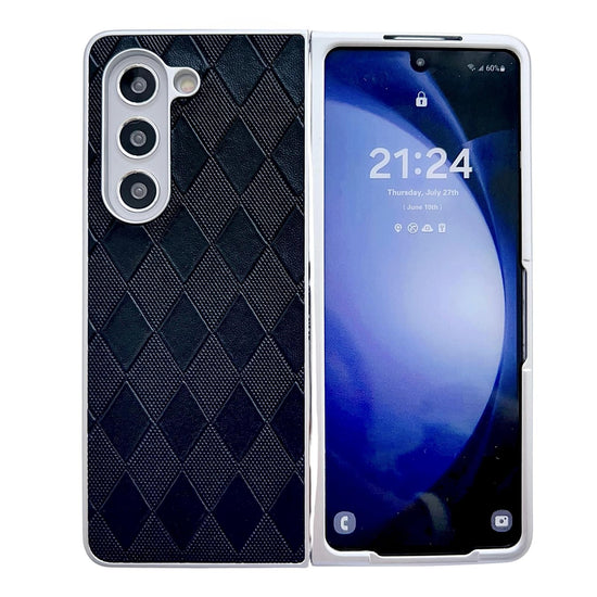 For Samsung Galaxy Z Fold4 5G Checkered Leather Phone Case With Pearlescent Finish - Black