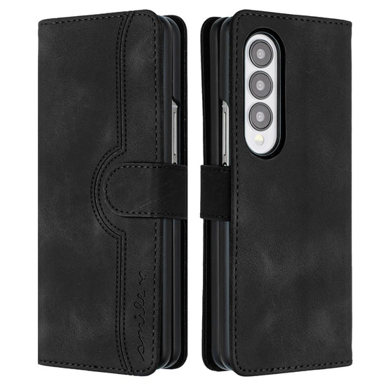 For Samsung Galaxy Z Fold4 5G Leather Phone Case With Heart Pattern - Black