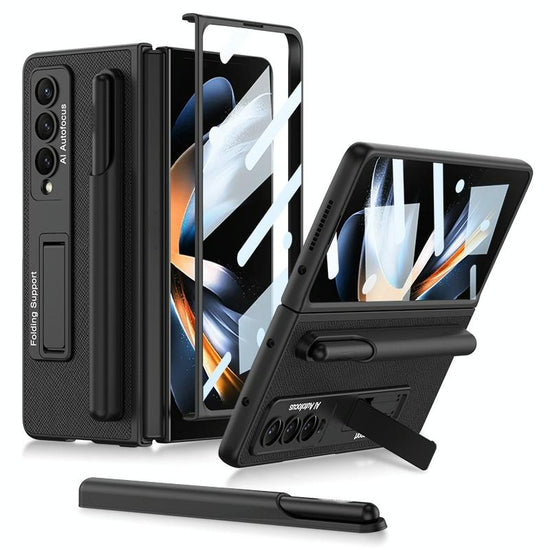 Leather Case with Holder & Pen Slots for Samsung Galaxy z Fold 4 - Thin & Shockproof - Carbon Fiber Texture