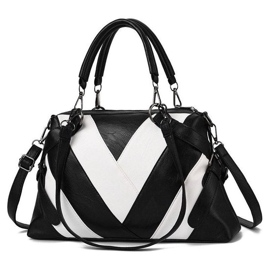Soft Leather Geometric Handbag - Colourblock - Black White