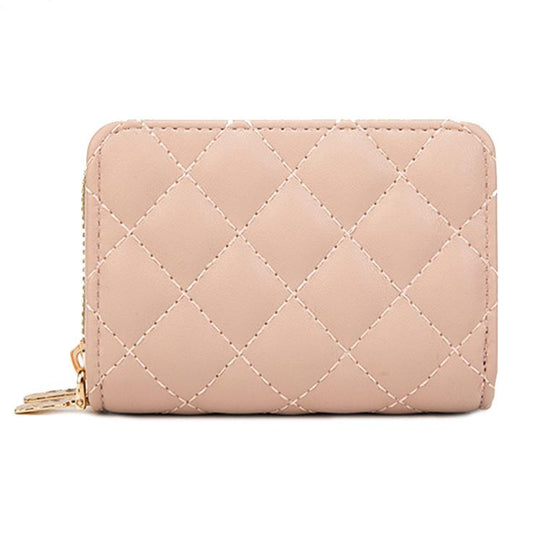 Double Layer Zipper Wallet Multi Card Slot Large Capacity Rhombus Design - Pink
