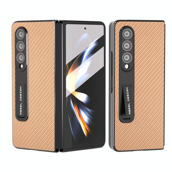 For Samsung Galaxy Z Fold4 5G Carbon Fiber Phone Case With Holder - Gold