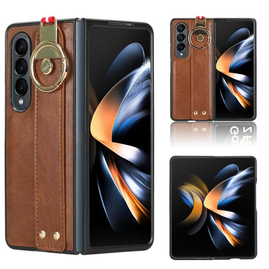 For Samsung Galaxy z Fold4 5G Leather Wristband Phone Case - Back Cover - Brown